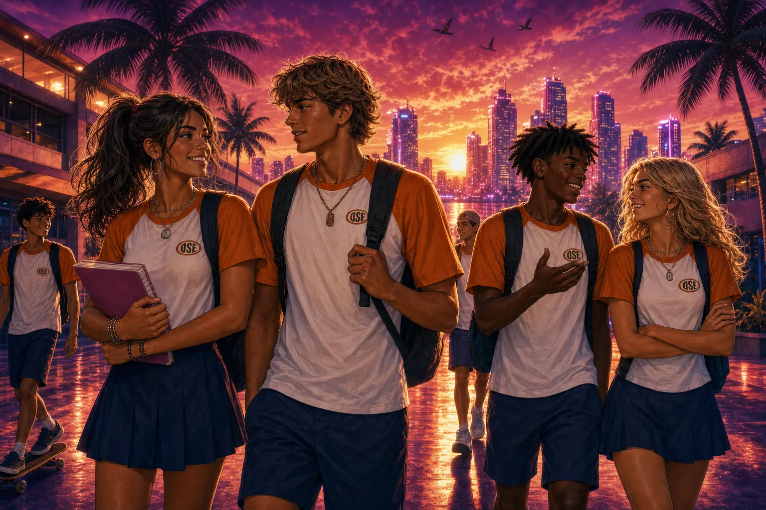 Estudantes do Colégio OSE no campus ao pôr do sol