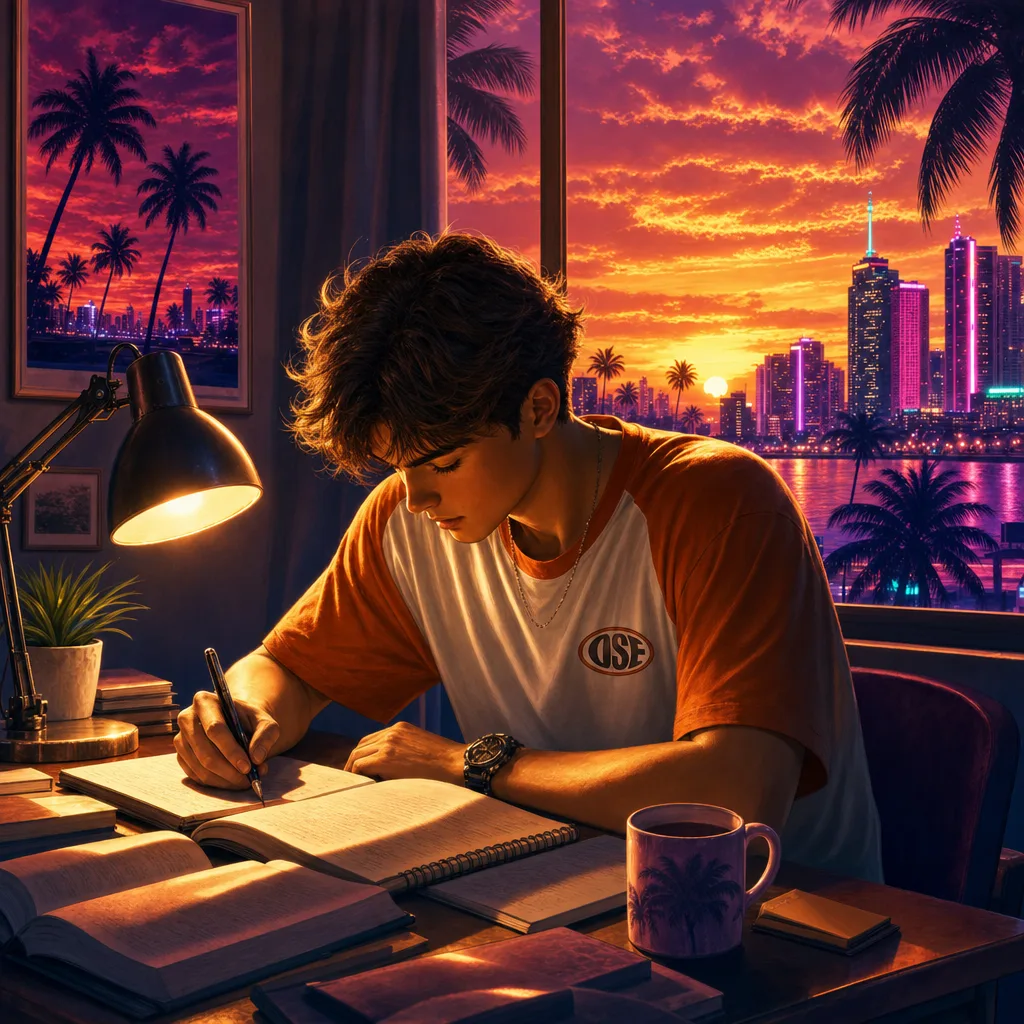 Estudante do Colégio OSE estudando ao pôr do sol