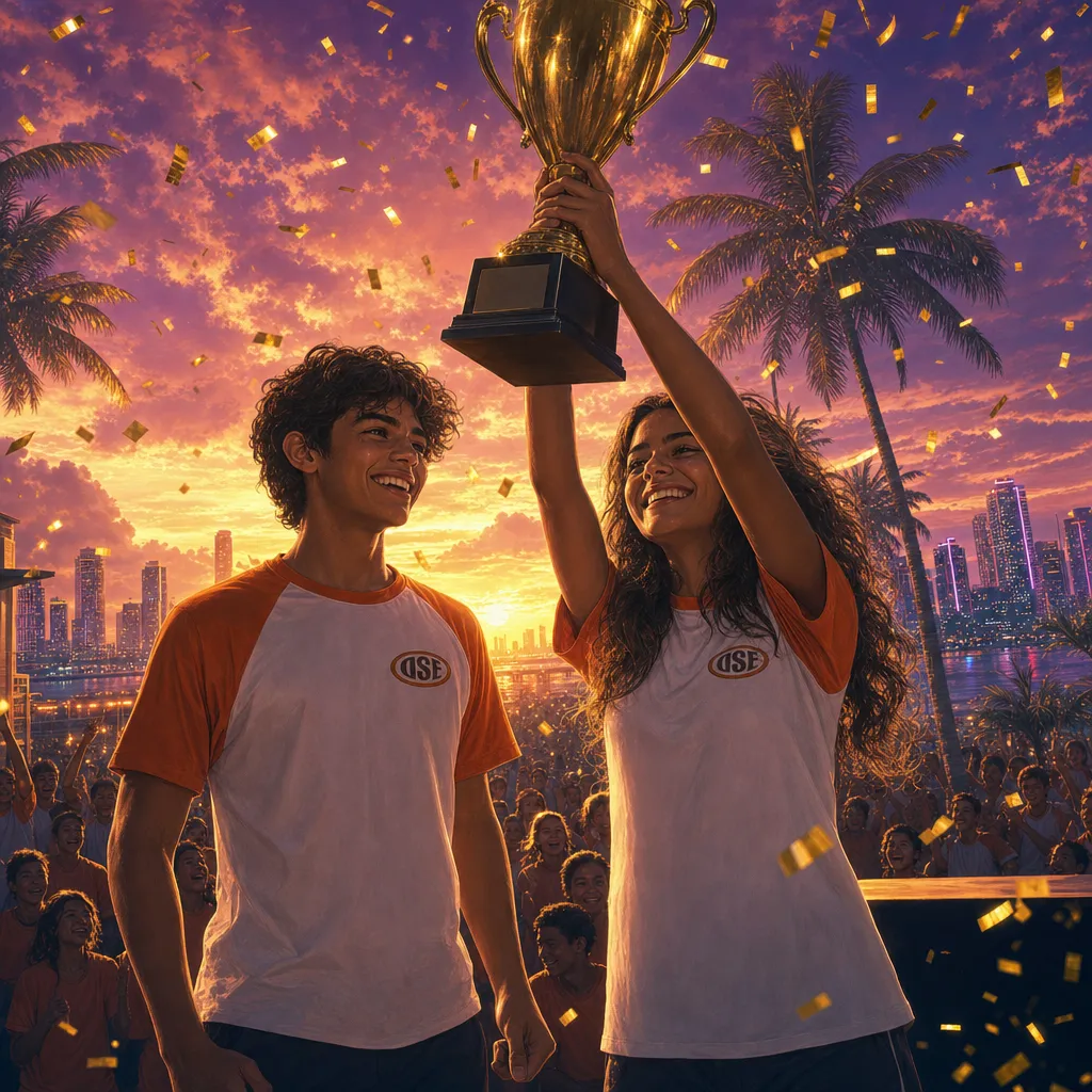 Estudantes do Colégio OSE comemorando com um troféu