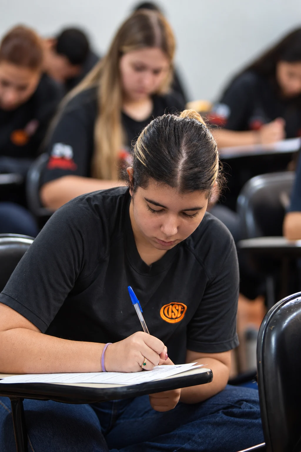 Aluna do Ensino Médio escreve a caneta durante a prova